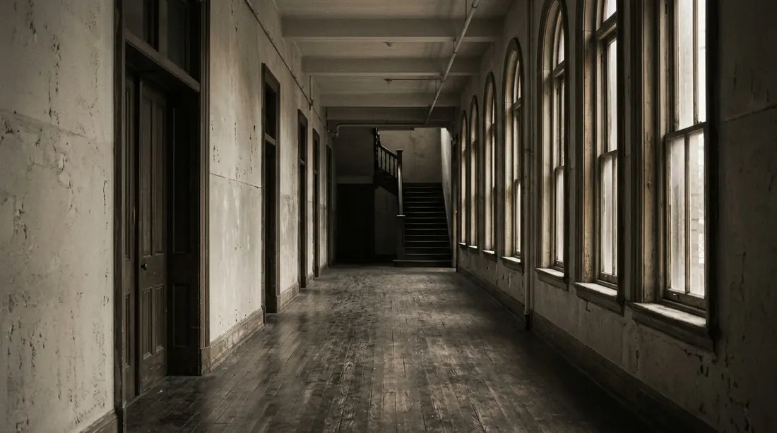 A long corridor lined with tall windows