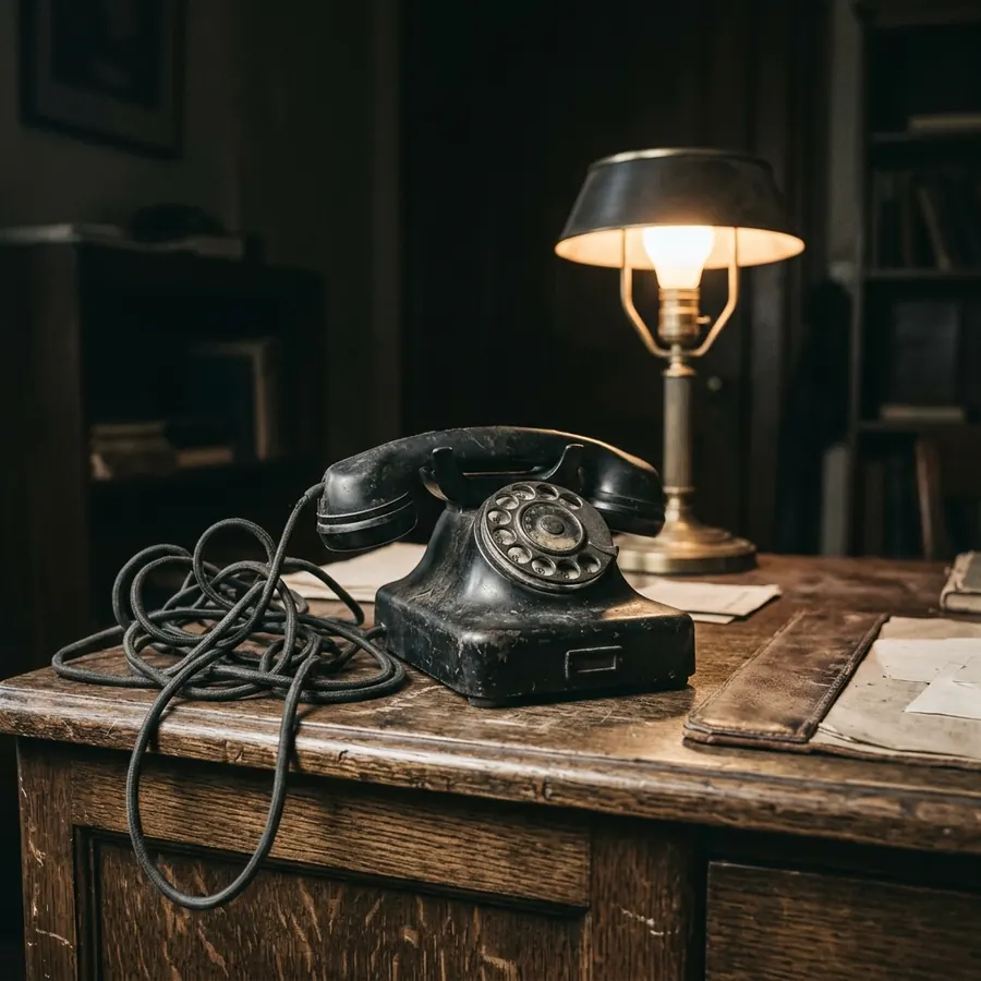 A rotary telephone on a desk under a lamp